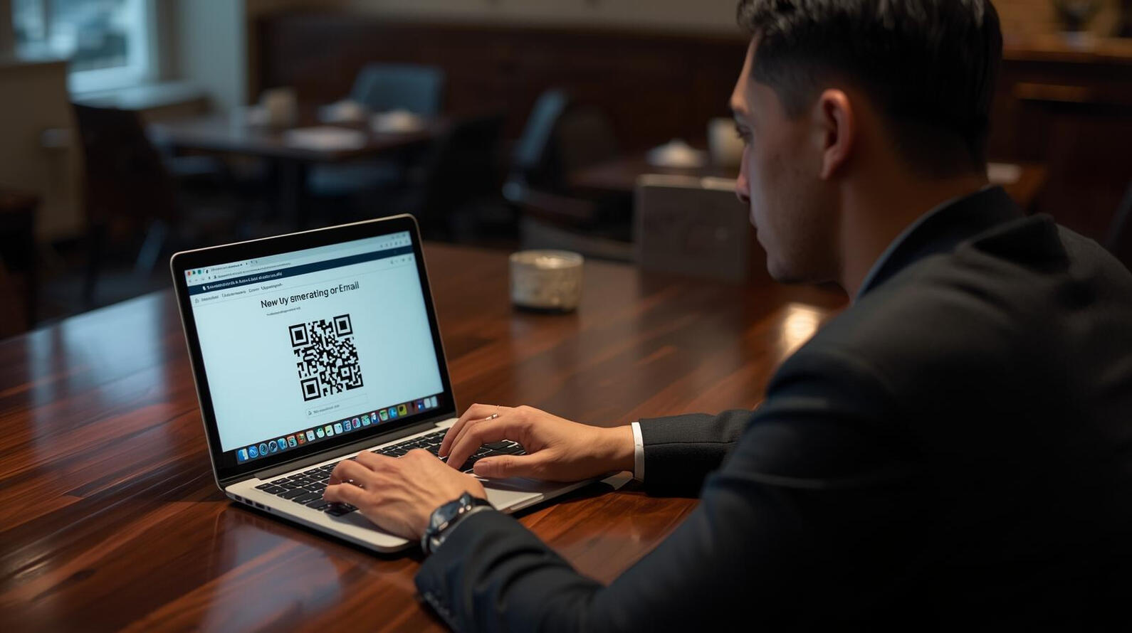 Restaurant Owner Receiving QR Code by Email A restaurant owner views a newly received QR code on a laptop screen, ready to share with guests for collecting reviews.